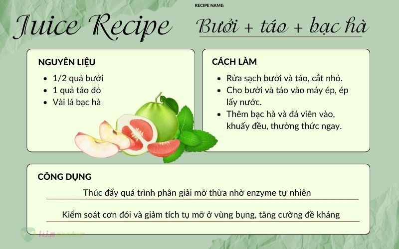 Nước ép bưởi + táo + lá bạc hà – Đốt mỡ tự nhiên, tăng cường hệ miễn dịch